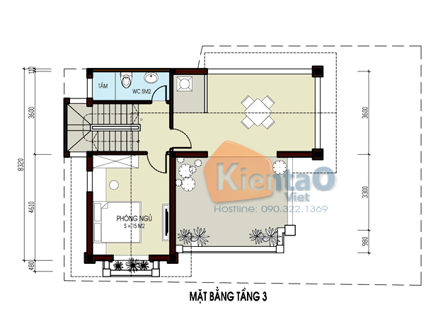Mẫu biệt thự Pháp 3 tầng 85m2 tại Gia Lâm chi phí 1,9 tỷ đồng - Công năng tầng 3
