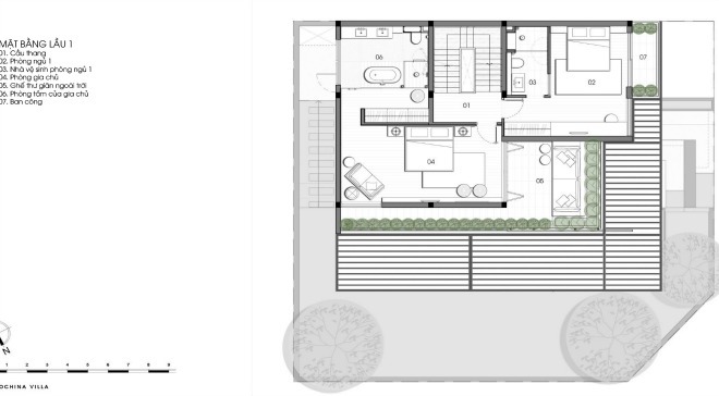 Mẫu thiết kế biệt thự 3 tầng hiện đại 2017- mặt bằng tầng 2