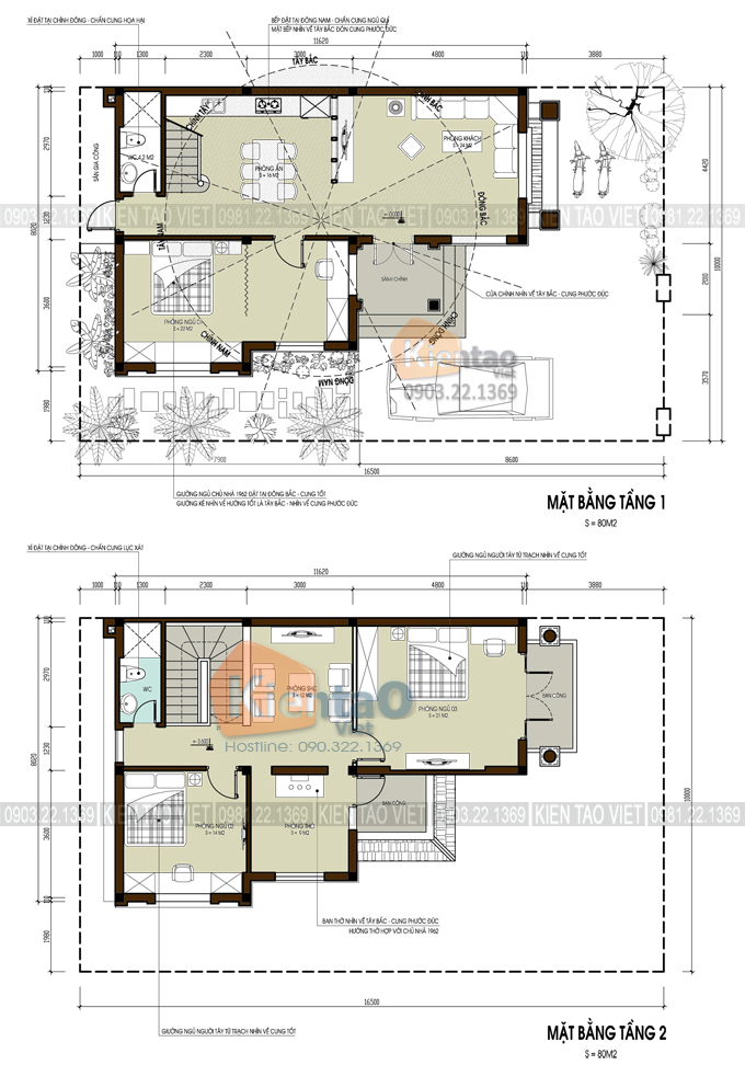 Mặt bằng công năng tầng 1 + 2 - Mẫu biệt thự nhà vườn 2 tầng 96m2 ở Hà Giang