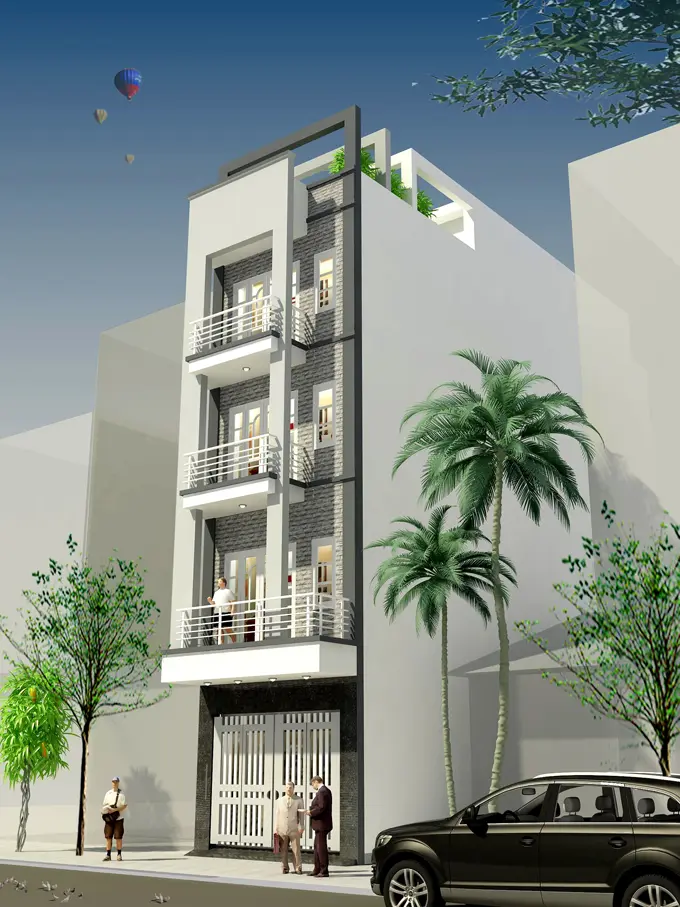 Mẫu nhà lô phố đẹp lệch tầng diện tích 66m2 - Phối cảnh tổng thể