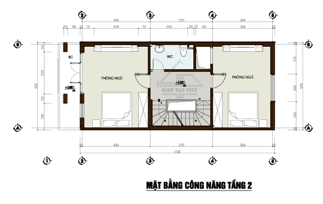 Mẫu thiết kế nhà lô phố đẹp 4 tầng. Mặt bằng tầng 2