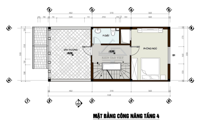 Mẫu thiết kế nhà lô phố đẹp 4 tầng. Mặt bằng tầng 4