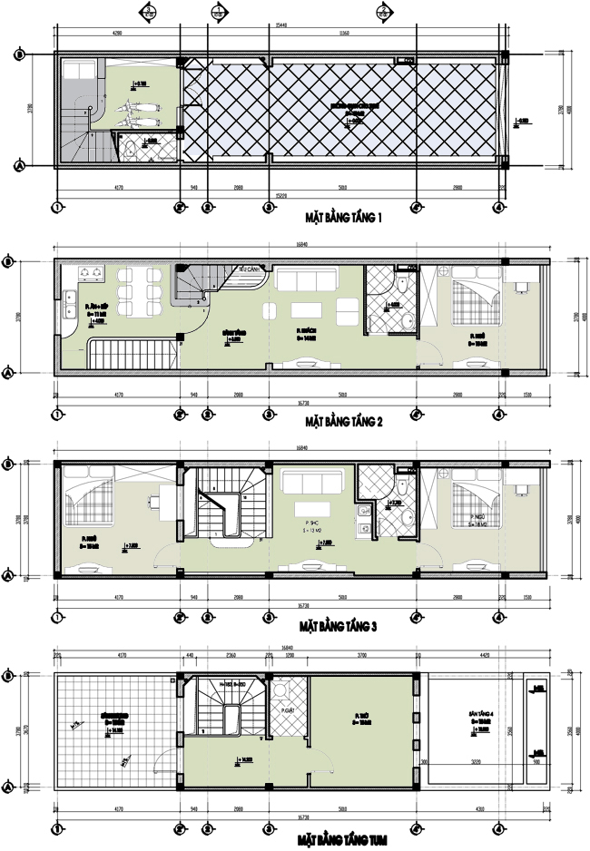 Thiết kế nhà ống 4 tầng mặt tiền 4m - S=4x17m - MB