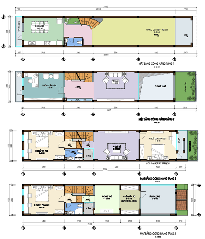 Thiết kế nhà ống 4 tầng mặt tiền 4m - S=4x24m - MB