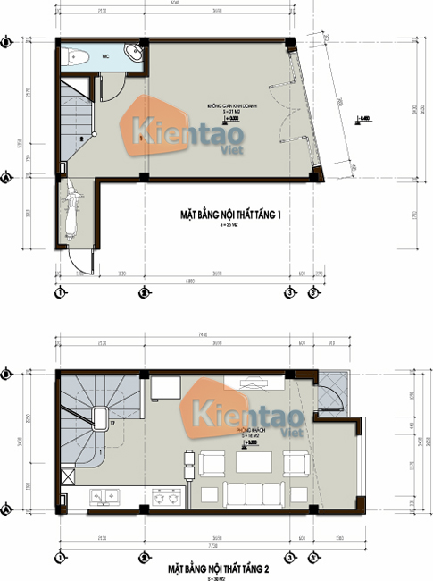 Mặt bằng thiết kế nhà phố 5 tầng - Mẫu nhà ống đẹp 5 tầng - tầng 1 + 2