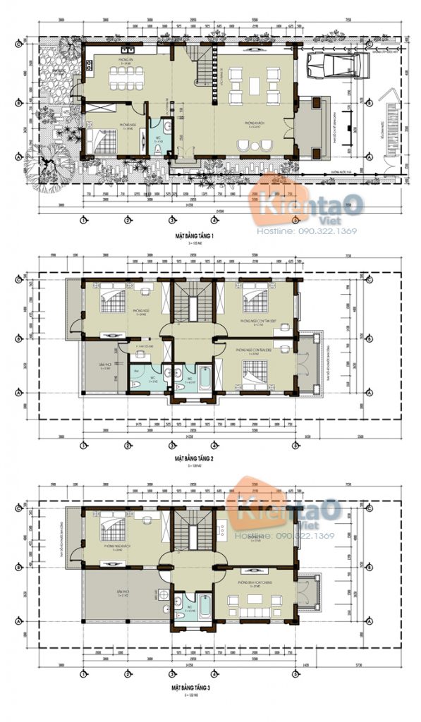 Biệt thự 3 tầng đẹp 9.5x24.5m phong cách cổ điển - BT25 - Mặt bằng tầng 1+2+3