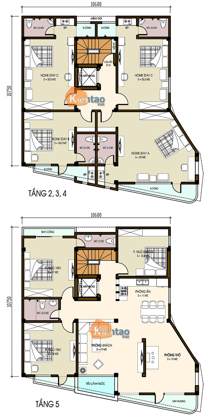 Chung cư mini 5 tầng đẹp 10.8mx10.7m có gác lửng tại tây hồ hà nội- Mặt bằng tầng 2+3+4+5