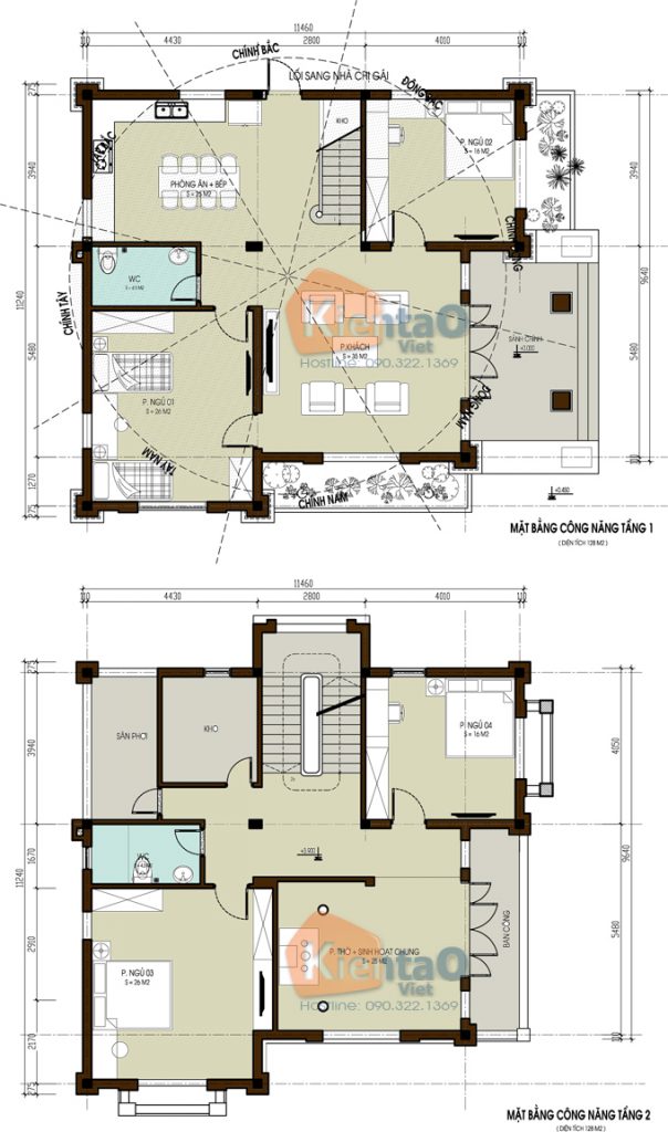 Nhà biệt thự 2 tầng tại thái bình đẹp 11x13 phong cách bán cổ điển- Mặt bằng tầng 1+2